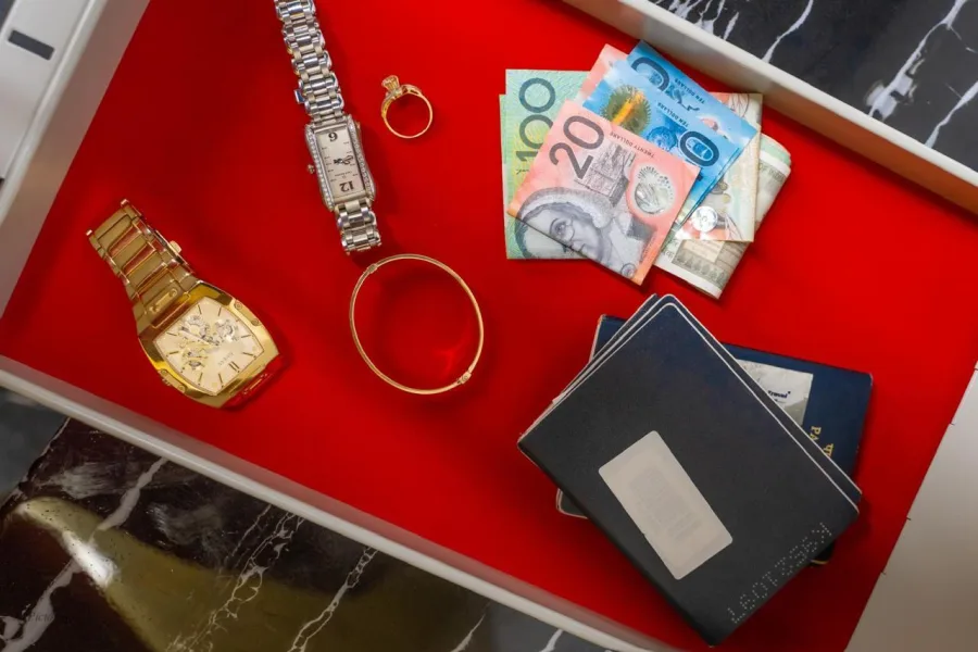 Jewellery, watches and valuables in a safe deposit tray