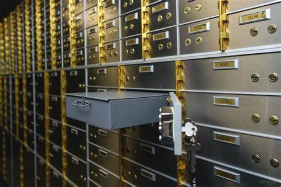 Wall of safe deposit boxes